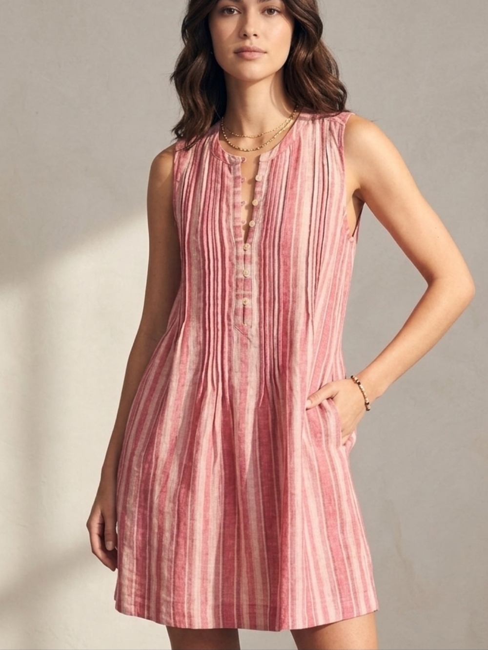 Faherty Isha Linen Dress Pink Cinque Terre Stripe Sleeveless $168